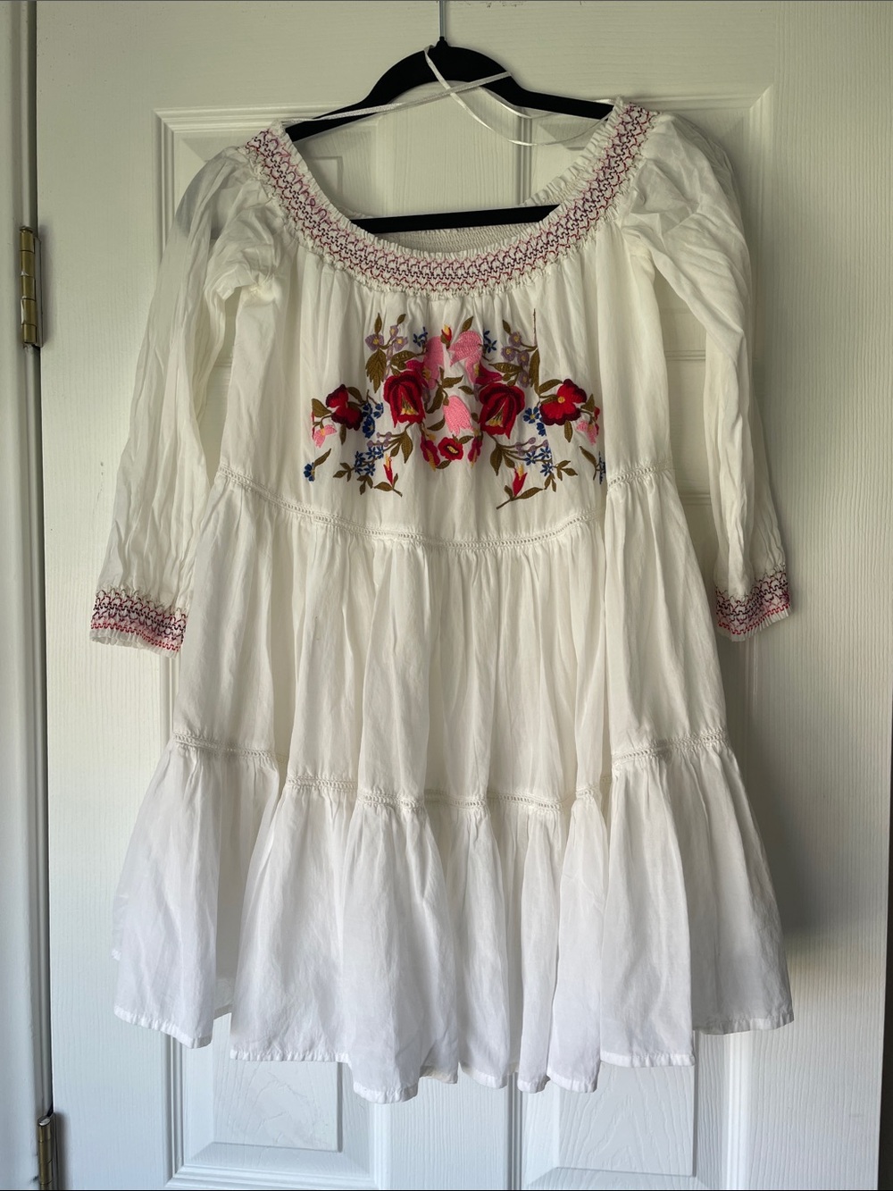Free People White off shoulder dress with Red, Pink & Blue Floral Embroidery